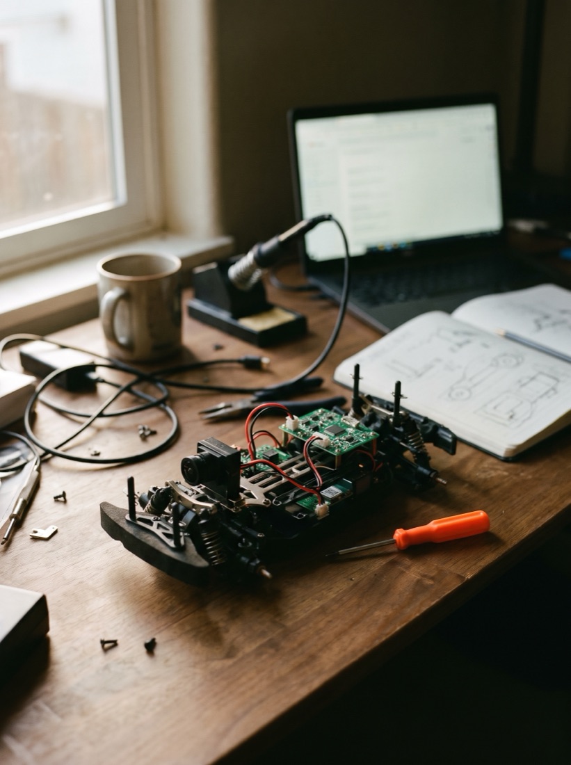 An engineer's workbench with a stripped-down autonomous RC car, a laptop and track sketches