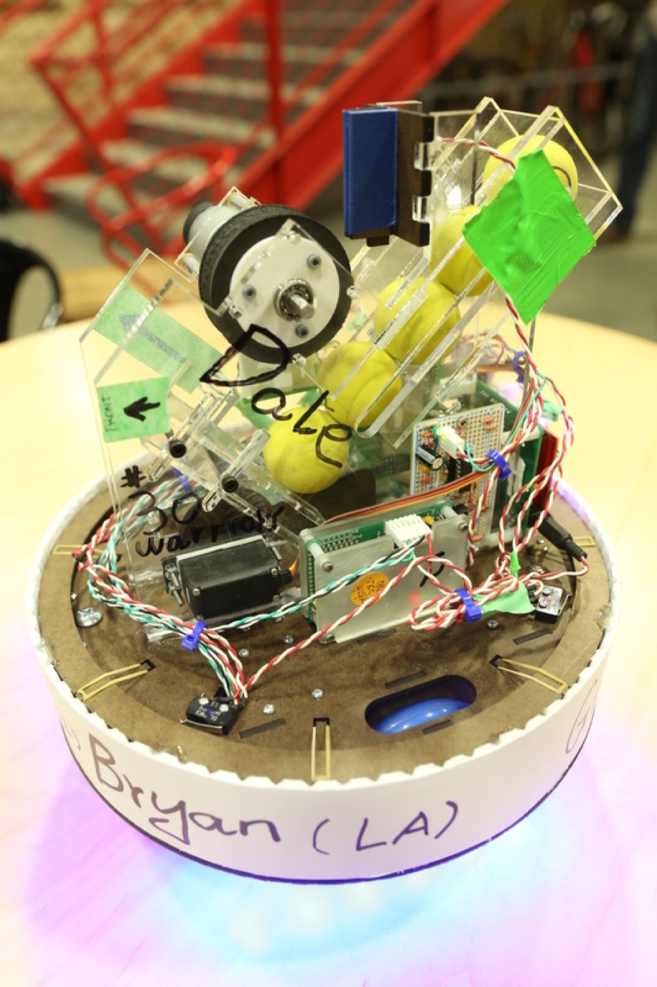 DaleBot from the front, wiring and foam balls visible