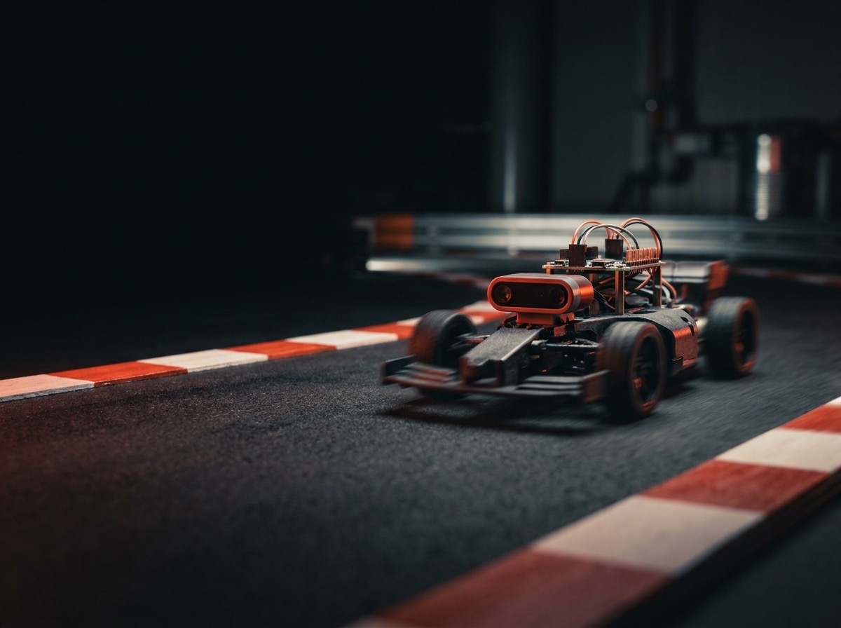 A small autonomous race car on a test track